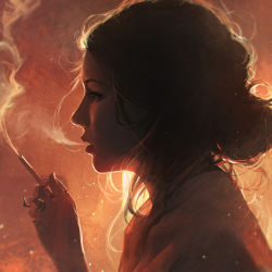 Rule 34 | 1girl, backlighting, black eyes, black hair, cigarette, expressionless, from side, guweiz, holding, holding cigarette, jewelry, light, lips, original, parted lips, profile, ring, short hair, smoke, smoking, solo, upper body