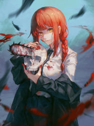 Rule 34 | 1girl, absurdres, black jacket, black necktie, black pants, black suit, blood, blood on clothes, blood on face, blood on hands, blue background, braid, chainsaw, chainsaw man, collared shirt, cowboy shot, crack, falling leaves, formal, highres, holding, holding skull, jacket, leaf, long sleeves, looking at viewer, makima (chainsaw man), motion blur, necktie, off shoulder, pants, red hair, ringed eyes, shirt, side braid, single braid, skull, smile, solo, standing, suit, white shirt, yellow eyes, zieru