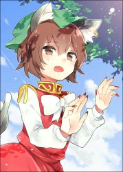 Rule 34 | 1girl, animal ears, blue sky, bow, brown eyes, brown hair, cat ears, cat tail, chen, cloud, day, dress, ear piercing, earrings, fang, hat, jewelry, long sleeves, mob cap, multiple tails, nail polish, nekomata, open mouth, piercing, ponpoko, red dress, red nails, shirt, single earring, sky, solo, tail, touhou