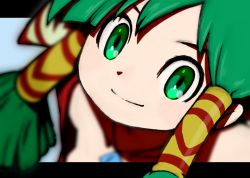Rule 34 | 1girl, beeru (veil8801), black border, border, breasts, closed mouth, feena (grandia), grandia, grandia i, green eyes, green hair, hair ornament, hair tubes, jewelry, long hair, looking at viewer, necklace, simple background, smile, solo