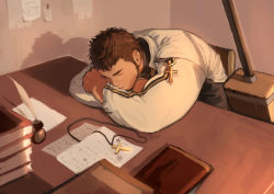 Rule 34 | 1boy, absurdres, baimeme, bara, beard, book, brown hair, chinese commentary, cross, dungeon and fighter, facial hair, highres, ink, jewelry, long sleeves, male focus, male priest (dungeon and fighter), mature male, muscular, muscular male, necklace, paper, short hair, sleeping, solo, table, uniform