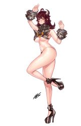 Rule 34 | 1girl, 3gs, ahoge, bracelet, breasts, brown hair, elsword, high heels, highres, horns, jewelry, large breasts, long hair, personification, pointy ears, simple background, solo, spiked bracelet, spikes, standing, standing on one leg, underboob, uno hound (elsword), white background, yellow eyes