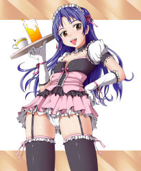 Rule 34 | 1girl, :d, alternate costume, blue hair, breasts, brown eyes, choker, cup, dress, drink, elbow gloves, enmaided, frilled thighhighs, frills, garter straps, glass, gloves, hand on own hip, highres, hip focus, idolmaster, idolmaster (classic), kisaragi chihaya, lambda (kusowarota), long hair, maid, maid headdress, open mouth, panties, pantyshot, petticoat, ribbon, small breasts, smile, solo, thighhighs, tray, underwear, upskirt, waitress, white panties