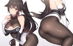 Rule 34 | 1girl, ass, azur lane, bare shoulders, black hair, black pantyhose, blush, bodysuit, breasts, brown eyes, cleavage, cleavage cutout, clothing cutout, fingerless gloves, frown, gloves, hair ribbon, hand on own chest, large breasts, leotard, long hair, looking at viewer, nidy, pantyhose, ribbon, solo, takao (azur lane), takao (full throttle charmer) (azur lane), thighhighs, white background