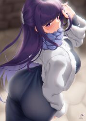 Rule 34 | 1girl, absurdres, ass, blurry, blurry background, bracelet, breasts, dress, etsunami kumita, fern (sousou no frieren), hair ornament, highres, jacket, jewelry, large breasts, long hair, long sleeves, looking at viewer, purple eyes, purple hair, scarf, solo, sousou no frieren, white jacket