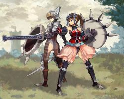 Rule 34 | 2girls, armor, ass, fantasy earth zero, forgotten artist, helmet, multiple girls, shield, sword, weapon
