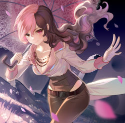 Rule 34 | 1girl, bead necklace, beads, blush, breasts, brown hair, cherry blossoms, cleavage, collarbone, gloves, heterochromia, jewelry, lace, lace trim, looking at viewer, medium breasts, multicolored hair, necklace, neo politan, pants, petals, pink hair, rwby, signature, smile, solo, split-color hair, two-tone hair, umbrella, vanink, white gloves