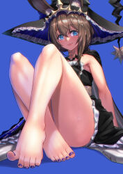 Rule 34 | 1girl, ambience synesthesia, amiya (arknights), animal ear fluff, animal ears, arknights, armpits, barefoot, black dress, black pantyhose, blue background, blue eyes, brown hair, cape, crossed legs, dress, full body, hat, highres, knees up, large hat, layered skirt, legs, long hair, looking at viewer, nail polish, no shoes, pantyhose, purple nails, rabbit ears, rabbit girl, sitting, skirt, smile, thighs, toenail polish, toenails, toes, witch hat, yamauchi (conan-comy)