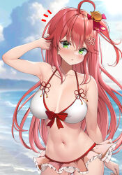 Rule 34 | 1girl, ahoge, bare shoulders, beach, bikini, bikini skirt, blush, breasts, cleft of venus, cloud, cloudy sky, collarbone, commentary request, day, green eyes, hair between eyes, hair ornament, hairclip, highres, hololive, large breasts, long hair, looking at viewer, navel, ocean, one side up, open mouth, otokucha, outdoors, pink hair, sakura miko, sky, solo, swimsuit, virtual youtuber, white bikini