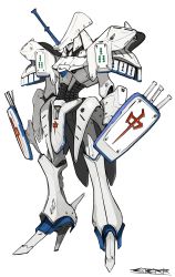 Rule 34 | absurdres, clenched hand, five star stories, highres, led mirage, mahjong, mahjong tile, mecha, mortar headd, no humans, parody, peter (peter6409), redesign, robot, science fiction, signature, simple background, solo, standing, visor, white background
