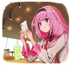 Rule 34 | 1girl, black hairband, black shirt, blue eyes, blush, border, brown cardigan, cafe, cardigan, ceiling light, cellphone, closed mouth, cup, disposable cup, drinking straw, elbows on table, gakusei (26 sr), hairband, hands up, highres, holding, holding phone, indoors, jacket, long hair, long sleeves, looking at phone, nijisanji, phone, pink hair, school uniform, selene girls school uniform, shirt, smartphone, smile, solo, suo sango, suo sango (1st costume), upper body, virtual youtuber, white border, white jacket