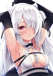 Rule 34 | 1girl, :o, armpits, azur lane, bare shoulders, between breasts, black gloves, blush, bow, bowtie, breasts, dress, elbow gloves, gloves, highres, kiev (azur lane), kiev (backstreet silver sonata) (azur lane), long hair, looking at viewer, madotsukumo, medium breasts, necktie, necktie between breasts, official alternate costume, one eye covered, red eyes, ribbon, silver hair, simple background, solo, twintails, upper body, white background, white dress, white necktie