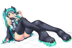 Rule 34 | 1girl, aqua eyes, aqua hair, bad proportions, boots, detached sleeves, green eyes, green hair, hair ornament, handheld game console, hatsune miku, imazon, legs, long hair, matching hair/eyes, necktie, panties, pantyshot, playstation portable, skirt, solo, striped clothes, striped panties, thigh boots, thighhighs, twintails, underwear, upskirt, very long hair, vocaloid