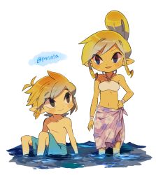 Rule 34 | 1boy, 1girl, artist name, bare arms, blonde hair, blue male swimwear, blue swim trunks, blush, brown eyes, closed mouth, collarbone, commentary request, hand on own hip, highres, link, looking at another, male swimwear, navel, nintendo, pointy ears, sarong, sidelocks, simple background, sitting, smile, standing, swim trunks, swimsuit, tetra, the legend of zelda, tokuura, topless male, twitter username, wading, water, watermark, white background, wrist wrap