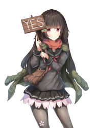 Rule 34 | 1girl, absurdres, bag, black hair, black pantyhose, blunt bangs, blush, closed mouth, cowboy shot, girls&#039; frontline, hair ornament, handbag, highres, holding, holding sign, long hair, long sleeves, looking at viewer, pantyhose, pleated skirt, red eyes, red neckwear, red scarf, scarf, school uniform, serafuku, sidelocks, sign, simple background, skirt, smile, sob (submar1089), solo, standing, type 100 (girls&#039; frontline), white background