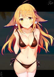 Rule 34 | 1girl, absurdres, animal ears, bell, blush, bow, breasts, brown hair, character request, cleavage, closed mouth, collarbone, copyright request, green eyes, hair bow, hair ornament, highres, huaimeng, large breasts, long hair, looking at viewer, navel, red bow, smile, solo, thighhighs, white thighhighs