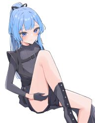 Rule 34 | 1girl, absurdres, airenif, bare shoulders, black gloves, black ribbon, black shirt, black shorts, blue eyes, blue hair, blush, boots, chest belt, closed mouth, commentary, english commentary, gloves, half gloves, handheld game console, highres, holding, holding handheld game console, hololive, hoshimachi suisei, hoshimachi suisei (shout in crisis), invisible chair, knee boots, knee up, long hair, long sleeves, official alternate costume, official alternate hairstyle, ponytail, ribbon, shirt, shorts, simple background, sitting, smile, solo, star (symbol), star in eye, symbol in eye, virtual youtuber, white background