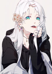 Rule 34 | 1girl, aqua eyes, black hoodie, drawstring, earrings, fan earrings, fangs, flower, hair flower, hair ornament, hairclip, hand up, highres, hood, hood down, hoodie, jewelry, long hair, long sleeves, looking at viewer, open mouth, original, piercing, playing with own hair, red nails, ring, signature, simple background, smile, solo, teeth, tongue, upper teeth only, white hair, yagi (shiro yagi)