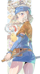 1girl, absurdres, bee, belt, belt pouch, blue headband, blush, brown belt, brown capelet, bug, capelet, character request, closed mouth, creature, dagger, dual wielding, feathers, grey hair, hat feather, hat over eyes, headband, highres, holding, holding dagger, holding weapon, insect, knife, long hair, looking at viewer, moto toshi, pitchfork, plant, pouch, purple hair, scorpion, sharp teeth, solo focus, tales weaver, teeth, thighs, weapon