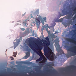 Rule 34 | 1girl, aqua eyes, aqua hair, aqua necktie, bare shoulders, belt, black skirt, black sleeves, black thighhighs, cat, commentary, detached sleeves, flower, full body, grey shirt, hair ornament, hands on own knees, hatsune miku, highres, hydrangea, long hair, looking at another, mamenomoto, necktie, open mouth, outdoors, plant, puddle, reflection, ripples, shirt, skirt, sleeveless, sleeveless shirt, smile, solo, squatting, thighhighs, twintails, very long hair, vocaloid
