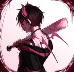 Rule 34 | 1boy, artist name, baseball bat, black choker, black hoodie, black nails, choker, demon boy, demon horns, from side, highres, holding, holding baseball bat, hood, hoodie, horns, mini wings, nail polish, off shoulder, original, pan (panqlao), panqlao, pink eyes, profile, red background, red hoodie, short hair, tongue, tongue out, upper body, white background, wings