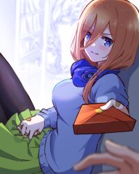 Rule 34 | 1girl, bandaid, bandaid on hand, black pantyhose, blue eyes, blue sweater, blurry, blush, box, breasts, bright pupils, brown hair, chocolate, closed mouth, commentary request, depth of field, embarrassed, eyes visible through hair, frown, gift, gift box, go-toubun no hanayome, green skirt, hair over one eye, headphones, headphones around neck, hyoe (hachiechi), incoming gift, large breasts, leaning back, long hair, long sleeves, miniskirt, nakano miku, pantyhose, pleated skirt, pov, pov hands, reaching, reaching towards viewer, school uniform, simple background, sitting, skirt, solo, sweater, v-shaped eyebrows, valentine, white background, white pupils