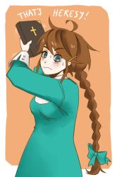 Rule 34 | 1girl, 4chan, 8chan, ahoge, artist request, bible (object), blue eyes, blush, bow, braid, brown hair, christ-chan, collared dress, dress, english text, frown, hair bow, hair ornament, hairclip, holding, nervous, sidelocks, solo, source request, sweatdrop, third-party source