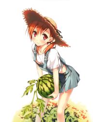 Rule 34 | 1girl, absurdres, bent over, blush, brown hair, flat chest, food, fruit, hat, highres, holding, holding food, holding fruit, kantoku, leaf, looking at viewer, original, overalls, red eyes, shirt, short hair, short twintails, smile, solo, straw hat, sun hat, twintails, watermelon