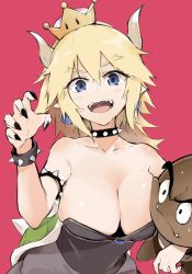 Rule 34 | 1girl, black nails, blonde hair, blue eyes, blush, bowsette, breast press, breasts, cleavage, collarbone, crown, earrings, fangs, goomba, highres, horns, jewelry, large breasts, looking at viewer, mario (series), muteki soda, nail polish, new super mario bros. u deluxe, nintendo, open mouth, pink background, pointy ears, sharp teeth, simple background, smile, solo, super crown, sweatdrop, teeth
