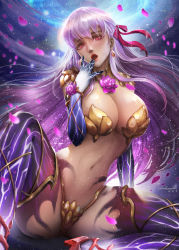 Rule 34 | 1girl, absurdres, arm support, armor, bare shoulders, bikini, bikini armor, bikini top only, bow, breasts, cleavage, dark background, dated, detached collar, detached sleeves, earrings, fate/grand order, fate (series), flower, hair bow, hand to own mouth, highres, jewelry, kama (fate), kama (third ascension) (fate), large breasts, lips, looking at viewer, navel, open mouth, parted lips, petals, pink bow, red eyes, red lips, revealing clothes, signature, silver hair, sitting, solo, spread legs, strapless, swimsuit, thighhighs, turewindwalker