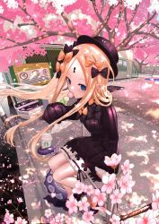 Rule 34 | 1girl, abigail williams (fate), black bow, black dress, black hat, blonde hair, bloomers, blue eyes, blush, bow, breasts, cherry blossoms, dress, fate/grand order, fate (series), forehead, hair bow, hat, highres, long hair, long sleeves, looking at viewer, multiple hair bows, orange bow, parted bangs, polka dot, polka dot bow, ribbed dress, shiro ami, sleeves past fingers, sleeves past wrists, small breasts, spring (season), underwear, white bloomers
