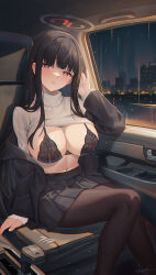 Rule 34 | 1girl, black bra, black hair, black jacket, black skirt, blue archive, blunt bangs, bra, breasts, car interior, clothes lift, halo, hand up, hayate (leaf98k), highres, jacket, large breasts, long hair, looking at viewer, miniskirt, off shoulder, pantyhose, parted lips, pleated skirt, rain, raised eyebrows, red eyes, rio (blue archive), signature, sitting, skirt, solo, sweat, sweater, sweater lift, turtleneck, turtleneck sweater, underwear, white sweater, window