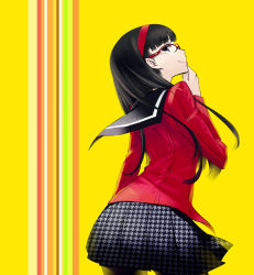 Rule 34 | 1girl, amagi yukiko, atlus, black eyes, black hair, black pantyhose, black skirt, chan co, checkered clothes, checkered skirt, cowboy shot, from behind, glasses, hairband, hand on another&#039;s chin, hand on own chin, houndstooth, long hair, long sleeves, looking back, miniskirt, pantyhose, persona, persona 4, pleated skirt, profile, school uniform, serafuku, skirt, smile, solo