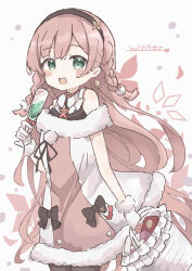Rule 34 | 1girl, :d, absurdres, arcaea, bag, bare shoulders, bell, bell earrings, black bow, black hairband, black pantyhose, blush stickers, bow, braid, cocktail glass, colon br, cowboy shot, cup, dress, drink, drinking glass, earrings, fur-trimmed dress, fur trim, glint, gloves, hairband, highres, holding, holding bag, holding drink, jewelry, kou (arcaea), long bangs, long hair, looking at viewer, off-shoulder dress, off shoulder, open mouth, pantyhose, pink dress, pink hair, raised eyebrows, simple background, smile, solo, straight hair, twin braids, two-tone dress, white background, white dress, white gloves