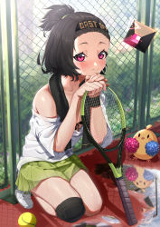 Rule 34 | 1girl, absurdres, azur lane, bad anatomy, ball, black bra, black hair, black towel, blush, bra, breasts, chain-link fence, head rest, closed mouth, commentary, cooper (azur lane), cooper (blazing tennis battle) (azur lane), day, drone, eyelashes, fence, forehead, full body, green skirt, hair slicked back, headband, highres, knee pads, kneeling, looking at viewer, manjuu (azur lane), miniskirt, off-shoulder shirt, off shoulder, outdoors, pink eyes, pleated skirt, pom pom (clothes), puddle, racket, reflection, shadow, shirt, shoes, short hair, skirt, small breasts, smile, sneakers, solo, sportswear, sweat, sweatband, taiga (ryukyu-6102-8), tennis ball, tennis racket, tennis uniform, thighs, topknot, towel, towel around neck, underwear, water, white footwear, white shirt