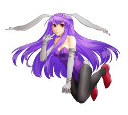 Rule 34 | 1girl, animal ears, bare arms, bare shoulders, black pantyhose, breasts, bridal gauntlets, cleavage, collarbone, finger to mouth, full body, gauntlets, groin, hinoyama ena, hyounosen ena, leotard, lips, long hair, looking at viewer, pantyhose, playboy bunny, purple hair, rabbit, rabbit ears, rabbit girl, rabbit tail, red eyes, red footwear, reisen udongein inaba, shoes, simple background, small breasts, smile, solo, tail, touhou, very long hair, white background