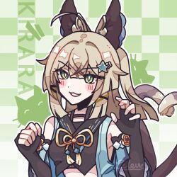 Rule 34 | 1girl, :3, ahoge, animal ears, bare shoulders, black gloves, black tank top, blush stickers, bow, breasts, brown bow, cat ears, cat girl, cat tail, character name, checkered background, claw pose, commentary, crop top, crossed bangs, detached sleeves, eclove, elbow gloves, english commentary, genshin impact, gloves, green background, green eyes, hair intakes, hair ornament, hairclip, hands up, head tilt, japanese clothes, kirara (genshin impact), komaniya express (genshin impact), light brown hair, long hair, looking at viewer, medium breasts, midriff, multiple tails, nekomata, parted bangs, paw pose, ribbon, sidelocks, smile, solo, tail, tank top, two tails, upper body