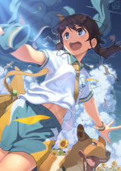 Rule 34 | 1girl, animal, aoi sora (pairan), bag, blue sky, blush, brown eyes, brown hair, cloud, commentary request, day, dog, from below, long hair, messenger bag, navel, open mouth, original, pairan, polo shirt, shirt, shorts, shoulder bag, sky, smile, solo, twintails, white shirt, wind