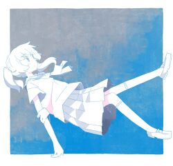 Rule 34 | 1girl, blue background, border, floating, from side, gradient background, highres, kneehighs, limited palette, loafers, long hair, looking up, neckerchief, original, outside border, pleated skirt, sailor collar, school uniform, serafuku, shoes, skirt, socks, solo, tayama222, twintails, white border