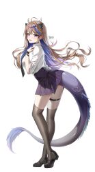 Rule 34 | 1girl, absurdres, airi kanna, antlers, black footwear, black skirt, black thighhighs, blue hair, breasts, brown hair, colored inner hair, dragon girl, dragon tail, full body, highres, horns, large breasts, long hair, miniskirt, multicolored hair, over-kneehighs, purple hair, shirt, simple background, skirt, solo, standing, stellive, streaked hair, tacco (tikeworld), tachi-e, tail, thigh strap, thighhighs, two-tone hair, white background, white shirt