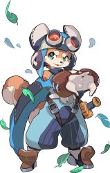 Rule 34 | 1boy, :3, animal nose, aqua eyes, armored boots, arms up, artist request, aviator cap, belt, blue cape, blue headwear, blue jumpsuit, body fur, boots, brown fur, cape, cracking knuckles, dog boy, dog tail, eyewear on head, full body, furry, furry male, goggles, happy, highres, interlocked fingers, jumpsuit, leaf, legs apart, looking to the side, lou (world flipper), male focus, non-web source, official art, open mouth, orange-tinted eyewear, outstretched arms, sheath, simple background, sleeveless jumpsuit, smile, snout, solo, standing, strap, sword, tail, tinted eyewear, transparent background, two-tone fur, v-shaped eyebrows, weapon, white-framed eyewear, white fur, wooden sword, world flipper