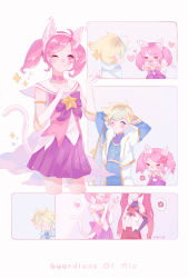 Rule 34 | 1boy, 2girls, :3, absurdres, alternate costume, alternate hair color, alternate hairstyle, angry, animal ears, blonde hair, blush, boots, cat ears, choker, comic, elbow gloves, ezreal, fangs, gloves, goggles, hands in pockets, highres, jinx (league of legends), league of legends, long hair, lux (league of legends), magical girl, multiple girls, phone, pink hair, pleated skirt, purple skirt, red hair, ribbon, shorts, skirt, star guardian (league of legends), star guardian ezreal, star guardian jinx, star guardian lux, tail, teeth, thighhighs, tiara, twintails, very long hair, white gloves