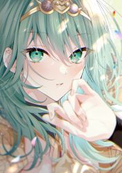 Rule 34 | 1girl, byleth (female) (fire emblem), byleth (fire emblem), enlightened byleth (female), fingernails, fire emblem, fire emblem: three houses, green eyes, green hair, hair between eyes, highres, jewelry, lips, long hair, looking at viewer, nintendo, official alternate costume, parted lips, petals, pink lips, solo, sunlight, tiara, upper body, waiwaiwa 1