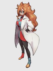 Rule 34 | android 21, asymmetrical footwear, blue eyes, breasts, checkered clothes, checkered dress, dragon ball, dragon ball fighterz, dress, earrings, full body, glasses, grey background, hair between eyes, hand in pocket, hoop earrings, jewelry, kemachiku, lab coat, long sleeves, looking at viewer, medium breasts, red ribbon army, simple background, solo, standing, uneven footwear