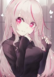Rule 34 | 1girl, :3, black nails, black sweater, blush, breasts, closed mouth, commentary request, earrings, grey eyes, heart, heart-shaped pupils, highres, jewelry, long sleeves, looking at viewer, medium breasts, multicolored hair, nail polish, original, pink eyes, reizouko, sleeves past wrists, smile, streaked hair, sweater, swept bangs, symbol-shaped pupils, two-tone hair, upper body