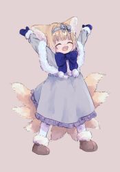 Rule 34 | 1girl, :d, ^ ^, alternate costume, animal ear fluff, animal ears, arknights, arms up, blonde hair, blue bow, blue hairband, blue mittens, bow, bow hairband, brown background, brown footwear, capelet, closed eyes, commentary request, dress, facing viewer, fox ears, fox girl, fox tail, frilled dress, frills, full body, fur-trimmed capelet, fur-trimmed footwear, fur-trimmed sleeves, fur trim, grey capelet, grey dress, hair bow, hairband, happy, highres, kitsune, kyuubi, long sleeves, mittens, multiple tails, niwatori (akira 207), open mouth, pantyhose, pom pom (clothes), simple background, smile, solo, suzuran (arknights), tail, white pantyhose