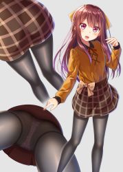Rule 34 | 10s, 1girl, alternate costume, black pantyhose, bow, brown hair, brown skirt, crotch seam, from below, gurande (g-size), hair bow, highres, kamikaze (kancolle), kantai collection, long hair, long sleeves, multiple views, open mouth, panties, panties under pantyhose, pantyhose, pantyshot, plaid, plaid skirt, red eyes, skirt, standing, thighband pantyhose, underwear, upskirt, yellow bow