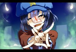 Rule 34 | 1girl, :d, ^ ^, beret, blue hair, blush, closed eyes, commentary request, closed eyes, fangs, foreshortening, hand gesture, hat, head tilt, highres, hitodama, jiangshi, letterboxed, long sleeves, manekinekoppoi inu, miyako yoshika, nose blush, ofuda, open mouth, outstretched arms, red shirt, shirt, short hair, smile, solo, star (symbol), tombstone, touhou, upper body, zombie pose