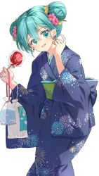 Rule 34 | 1girl, absurdres, aqua eyes, aqua hair, bag, bagged fish, blue kimono, blush, candy apple, commission, darjeeling (reley), double bun, fish, floral print, flower, food, hair between eyes, hair bun, hair flower, hair ornament, hands up, highres, holding, holding food, japanese clothes, kimono, long sleeves, looking at viewer, obi, open mouth, original, pink flower, print kimono, sash, simple background, skeb commission, solo, water, white background, wide sleeves, yellow flower