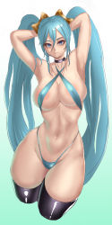 Rule 34 | 1girl, armpits, bikini, blue bikini, blue eyes, blue hair, blush, breasts, choker, eyes visible through hair, hair between eyes, highres, js (wlstjd9595), large breasts, league of legends, long hair, solo, sona (league of legends), swimsuit, thighhighs, twintails
